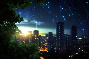 Fototapeta premium A vibrant city skyline illuminated at dusk, featuring twinkling lights and a starry sky, blending nature and urban life.