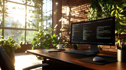 Fototapeta premium A modern workspace featuring dual monitors with coding on screen, surrounded by lush greenery and natural light.