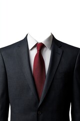 Dark business suit and red tie with invisible man on a white background
