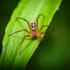 Fototapeta premium Brown spider sitting on a green leaf (Kusagumo, Agelena silvatica