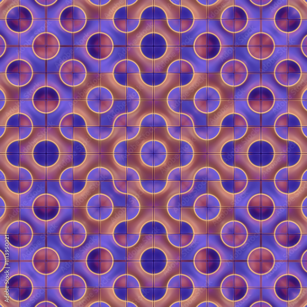 Poster Colorful modern pattern consisting of tiles with wavy lines and circles. Great for creating modern and stylish wallpaper or panels. 3d rendering digital illustration