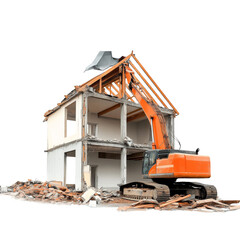Demolition of house with excavator, debris scattered around.  ,Isolated on Transparency background , PNG