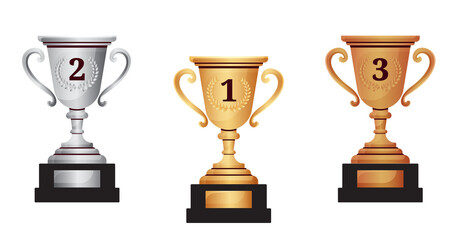 winners gold silver and bronze cups isolated on transparent background