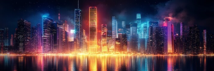 Vibrant neon lights illuminating skyscrapers in a futuristic cityscape reflected in water at night
