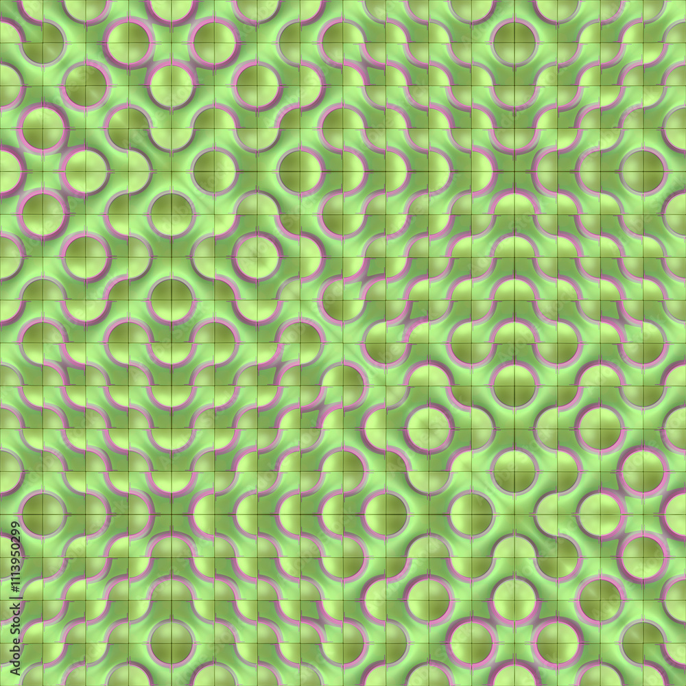Aufkleber Digital illustration of a colorful symmetrical pattern consisting of tiles lined up in a strict grid, forming a wavy pattern with lines and circles that flow smoothly into each other. 3d rendering