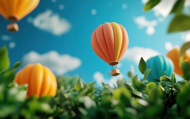 Obraz premium Colorful hot air balloons float above lush greenery under a bright blue sky, creating a cheerful and adventurous atmosphere.