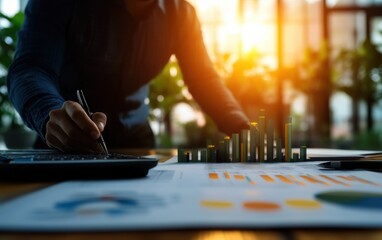 A person analyzes financial data on a desk, using charts and a calculator, with a warm sunset glow in the background, suggesting productivity and focus.