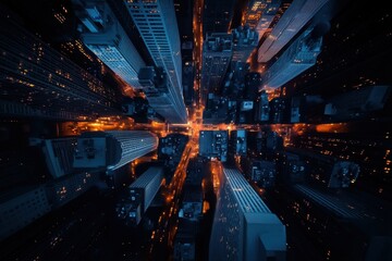 Aerial view of a cityscape at night, showcasing illuminated streets and towering skyscrapers in a vibrant, urban setting.
