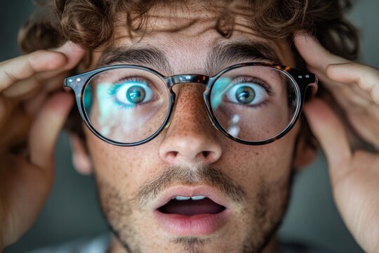 Portrait of a surprised man with eyeglasses touching his head