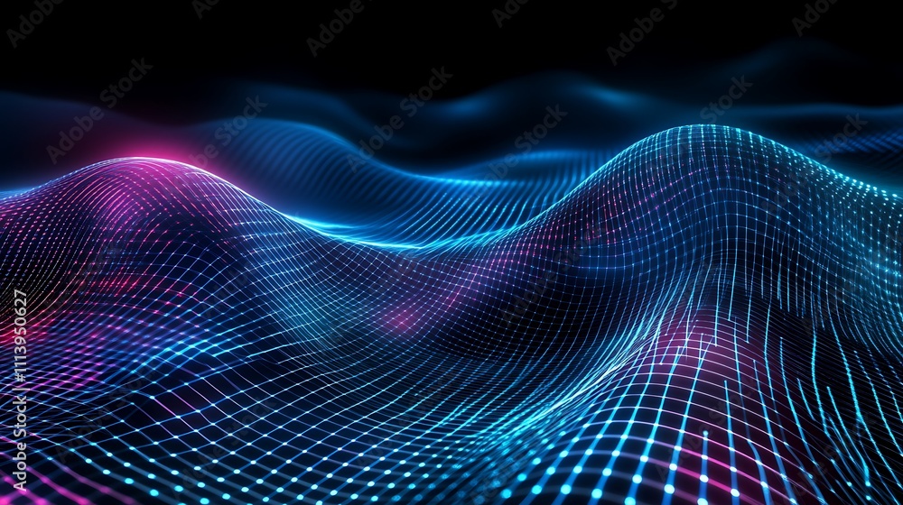 Poster vibrant waves of digital light forming abstract patterns in dark background with neon colors