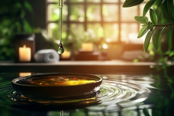 Fototapeta premium Droplets of tea tree oil falling from a pipette into a bowl of water, with a peaceful spa setting