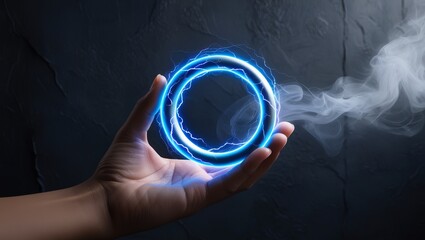 Hand holds a glowing blue ring, sparking with energy. Dark background.