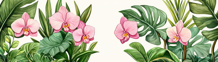 Lush botanical garden featuring pink orchids and tropical leaves, creating serene and vibrant atmosphere. Perfect for nature lovers and decor enthusiasts
