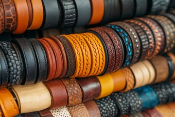 Many colorful handmade leather bracelets are displayed in rows, showcasing traditional craftsmanship