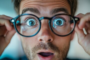 Close-up of a surprised man wearing eyeglasses, touching his head with his hands and opening his mouth in amazement