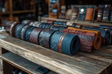 Variety of handcrafted leather belts and bracelets displayed on a wooden table at a craft market, showcasing craftsmanship and unique designs