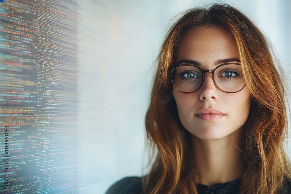 Poster young woman with glasses stands in front of a colorful coding display in a modern office space