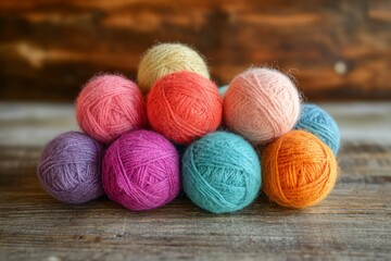 Balls of colorful yarn arranged on a rustic wooden table, ready for knitting or crochet projects