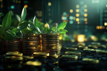 A vibrant display of coins surrounded by lush green plants, symbolizing growth, wealth, and the harmony of nature and finance.