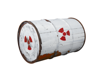 White or gray dirty barrel with radioactive waste. Nuclear warning sign. Rusty dangerous barrel with radionuclide, hazardous toxins on isolated background
