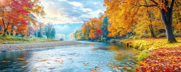A winding river with tributaries branching through a colorful autumn forest, leaves scattered along the banks and floating in the water
