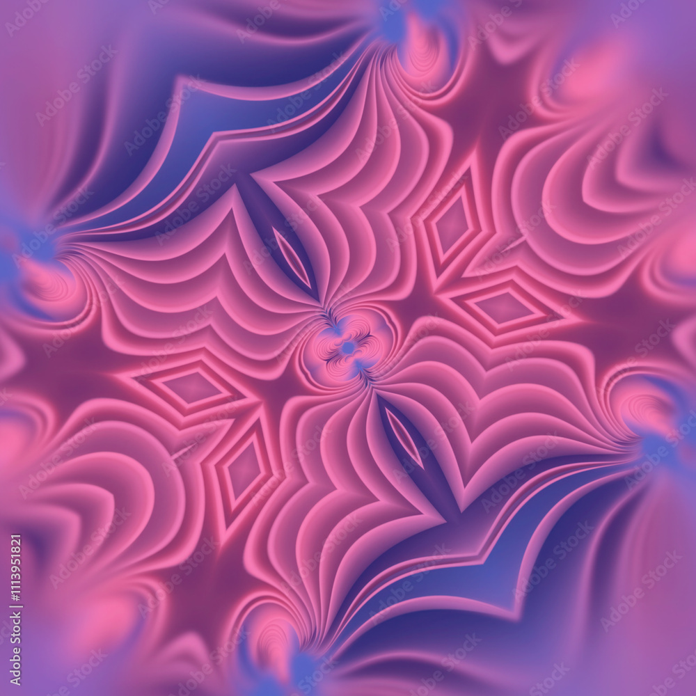 Poster Symmetrical abstract pattern with harmonious interweaving of pink and purple shades. Modern dynamic background. 3d rendering digital illustration