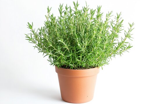Fresh rosemary plant in terracotta pot on white background
