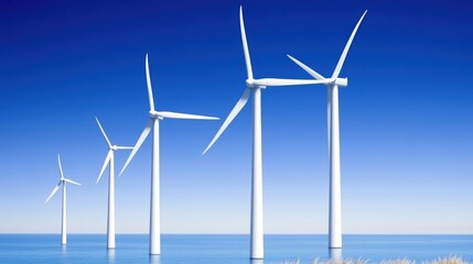 Offshore Wind Turbines Against Clear Blue Sky on a Calm Ocean Horizon