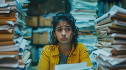 Fototapeta premium Indian business young woman exhausted around chaotic and disorganized stacks of paper, overwhelmed and stress. Challenges of organization, workload efficient task management. 
