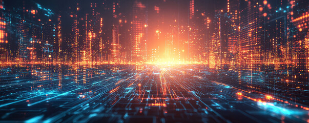 Fototapeta premium vibrant AI powered metropolis with neon lights and advanced technology, showcasing futuristic cityscape filled with glowing skyscrapers and digital elements