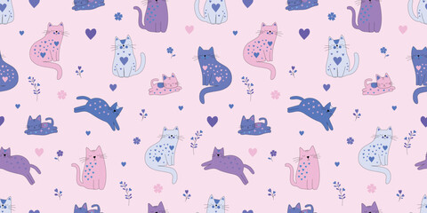 Adorable Cats and Hearts Pattern for Valentine's Day