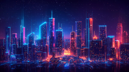 Obraz premium vibrant, futuristic city skyline illuminated by neon lights, showcasing advanced infrastructure and technology. scene captures digital utopia with towering skyscrapers and starry night sky