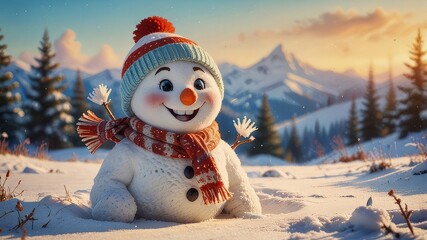 Winter holiday banner - Close-up of a laughing snowman in a wool hat and scarf, on a snowy landscape with bokeh lights and sunlight