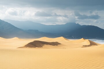 Fototapeta premium Vast desert landscape showcasing rolling sand dunes under a dramatic sky in the afternoon
