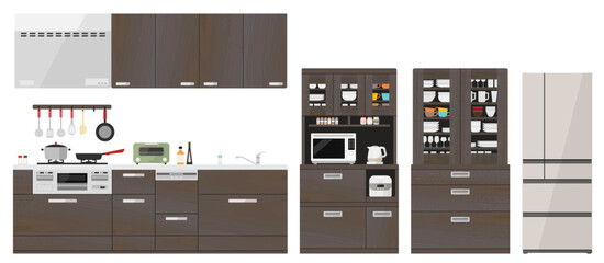 木目調システムキッチンベクターイラストセット 台所 料理 調理 モデルルーム 食器棚 コンロ 食洗器 © meg