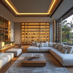 A modern, elegantly designed living room with warm lighting and a cozy atmosphere.