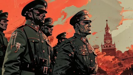 A dramatic illustration depicting a militaristic regime dictatorship, with a towe like Kremlin looming over a parade of uniformed figures under a fiery sky. Military dictatorship illustration