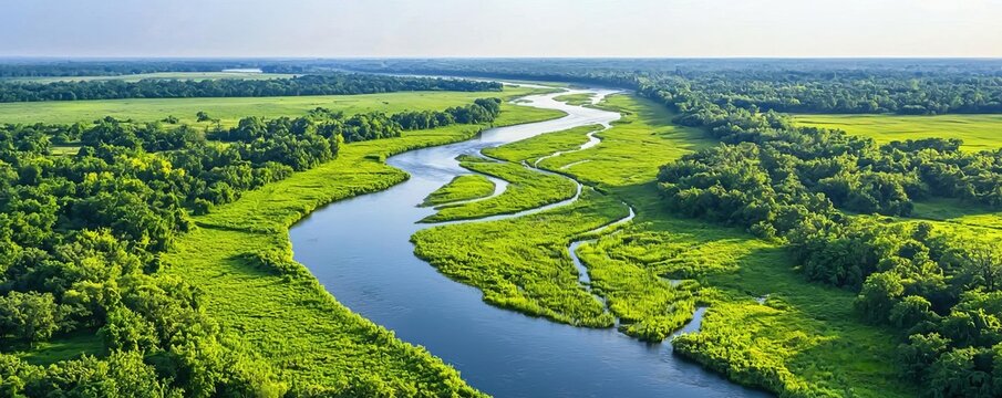 An aerial view of a river with branching tributaries during spring, lush green vegetation emerging around the waterways, a sense of renewal and growth