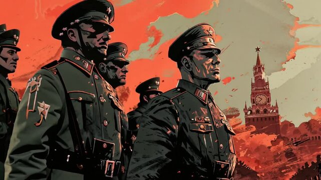 A dramatic illustration depicting a militaristic regime dictatorship, with a towe like Kremlin looming over a parade of uniformed figures under a fiery sky. Military dictatorship illustration