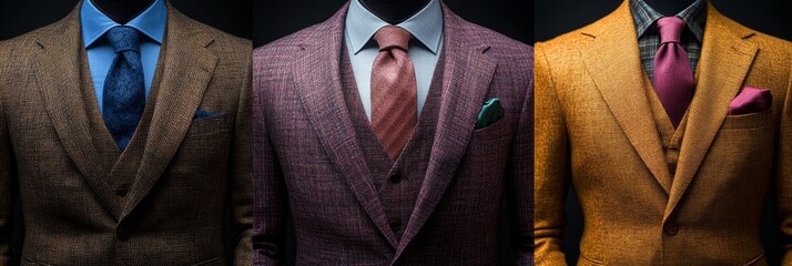 Mannequins wearing elegant suits and ties in different colors and styles, showcasing men's fashion trends