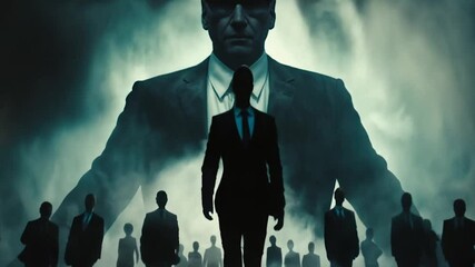 Large silhouette of a business leader towering over a group of professionals in the mist. Dramatic corporate hierarchy visualization with ethereal lighting and atmospheric fog