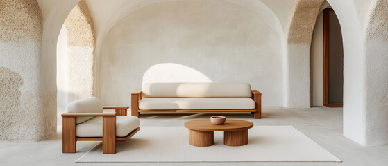 Japandi style living room features minimalist furniture, natural wood, and soft textures, creating serene and inviting atmosphere
