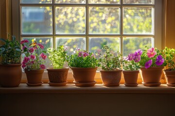 Fototapeta premium Vibrant potted flowers thrive on a sunlit windowsill, bringing nature indoors