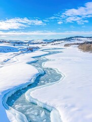 Obraz premium An intricate network of river tributaries frozen over in winter, forming natural ice patterns, with snow blanketing the surrounding landscape, peaceful and cold