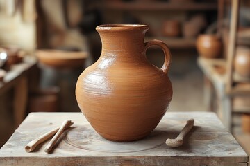 Traditional pottery workshop showcasing a finished clay jug on a potter's wheel, surrounded by various tools and other ceramic pieces