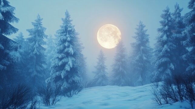 Enchanted winter scene: Snow-covered trees and misty background - Powered by Adobe
