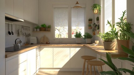 A cozy kitchen corner showcasing a bar stool at a wooden countertop, clean white cabinets, and potted plants for a fresh, welcoming vibe