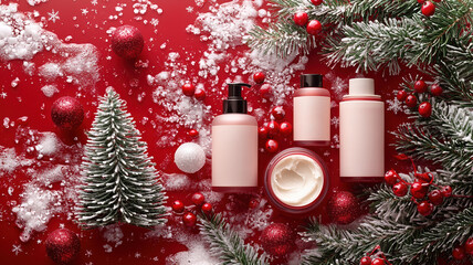 A festive arrangement of skincare products displayed on Christmas tree gift boxes, set against a red and white background with snowflakes gently falling in the air.