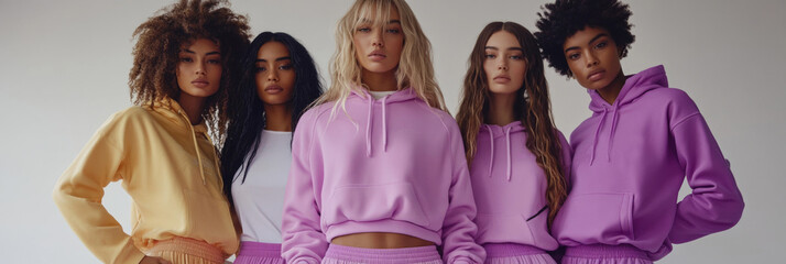 Five diverse female fashion models posing in stylish hoodies and tracksuit bottoms, showcasing trendy athleisure wear