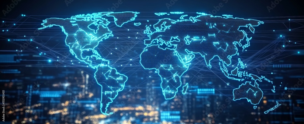 Aufkleber Digital world map. Global internet network telecom and communication. Generative AI technology.	
